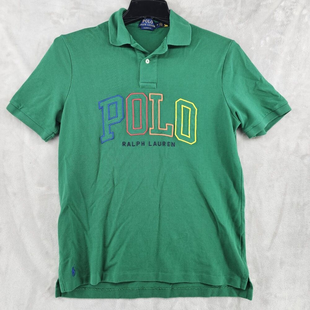 POLO RALPH LAUREN Men’s Green Classic Fit Mesh Polo Shirt POLO Spell Out Medium